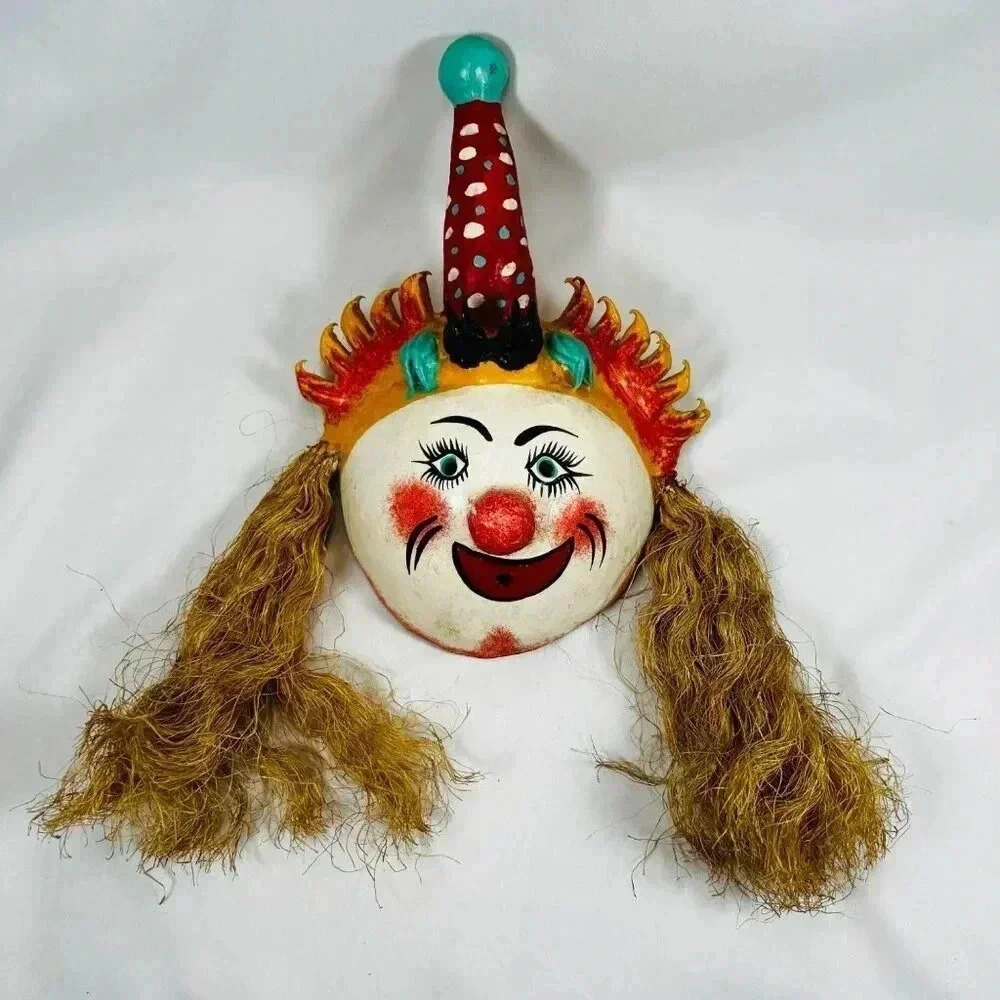 Vintage Handmade Wall Hanging Coconut Mexican Folk Art Clown